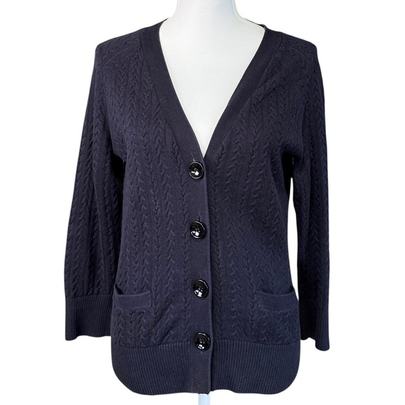 Talbots Navy Blue Pima Cotton Cable Knit Button Front Cardigan Sweater Women S - Picture 1 of 7